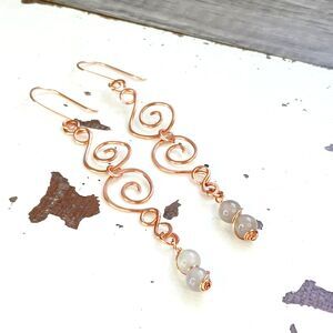 Long Boho Chic Agate Crystal Dangle Earrings, Hammered Copper Gemstone Jewlery